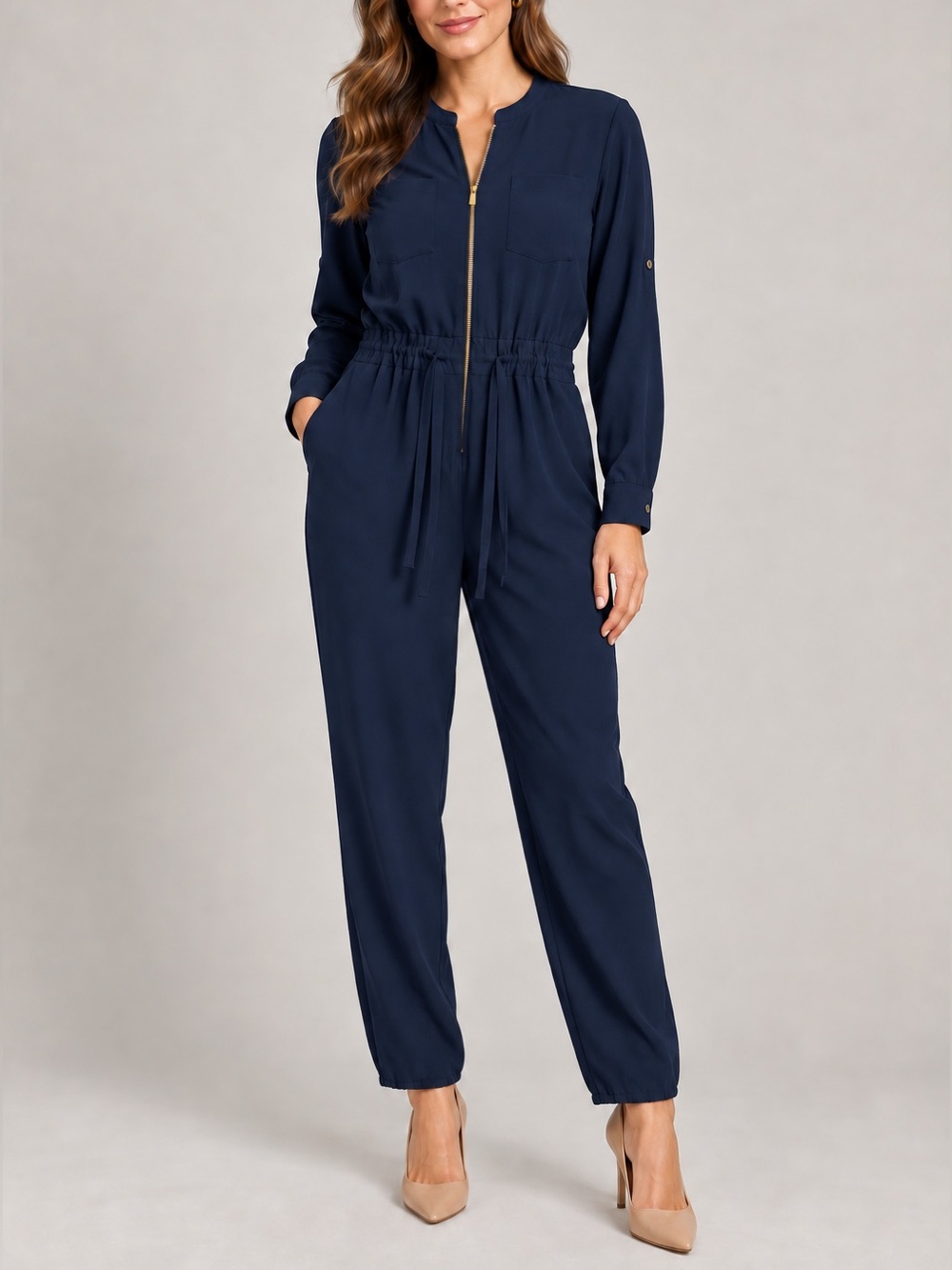 Gianni Bini Women’s Navy with Gold-Zip Utility Jumpsuit
